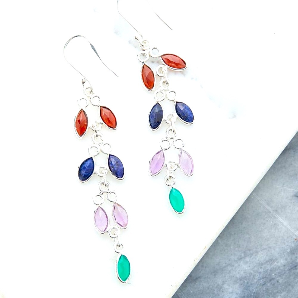 NEW Gorgeous 925 Sterling Silver 2ct Multi-Gemstone Leaf Drop Earrings